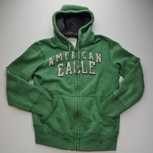 American Eagle Mens Green Full Zip Hoodie Distressed Logo Slub Knit Size Medium